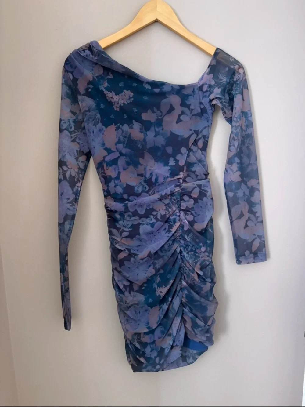 Free People Chloe One-Shoulder Floral Ruched Mesh Mini Dress - Blue & Purple